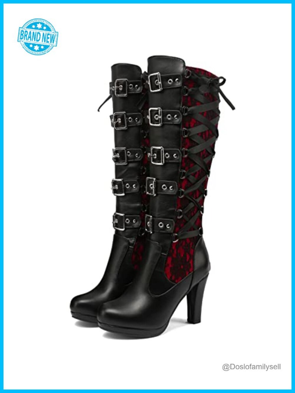 Women Synthetic Knee High Goth Boots Buckle Block Heel Lace Up